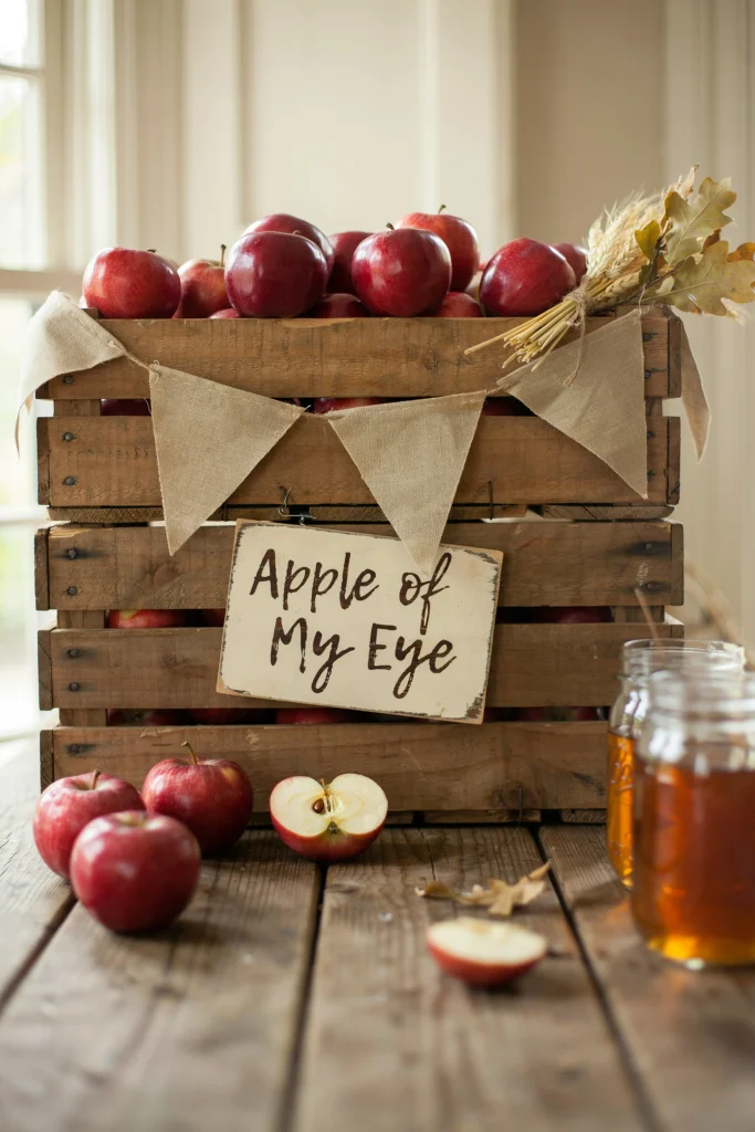 Rustic red apple crate baby shower backdrop with burlap bunting