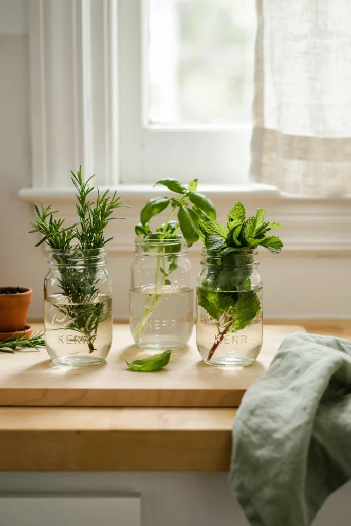 Mason jars filled with fresh rosemary, basil, and mint sprigs sitting on a kitchen counter near a window