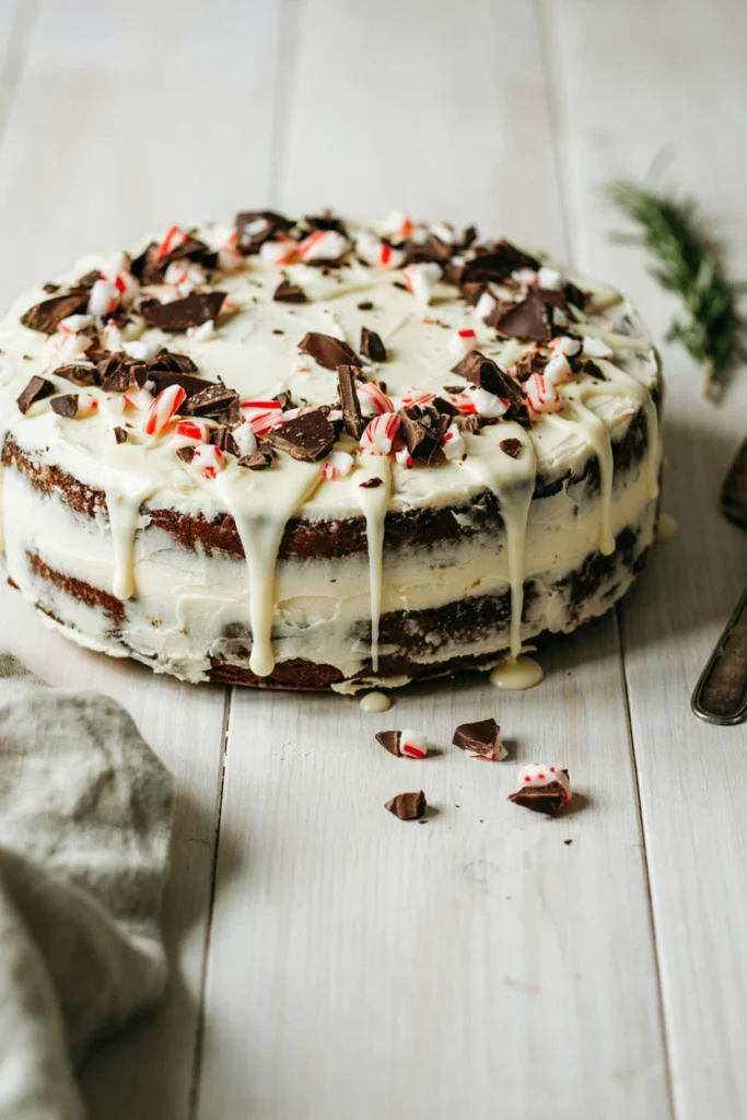 Semi-naked chocolate cake topped with crushed peppermint bark and white chocolate drizzle