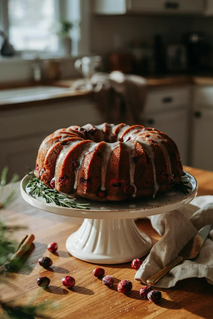 Bundt cake studded with whole cranberries and glazed in translucent white icing