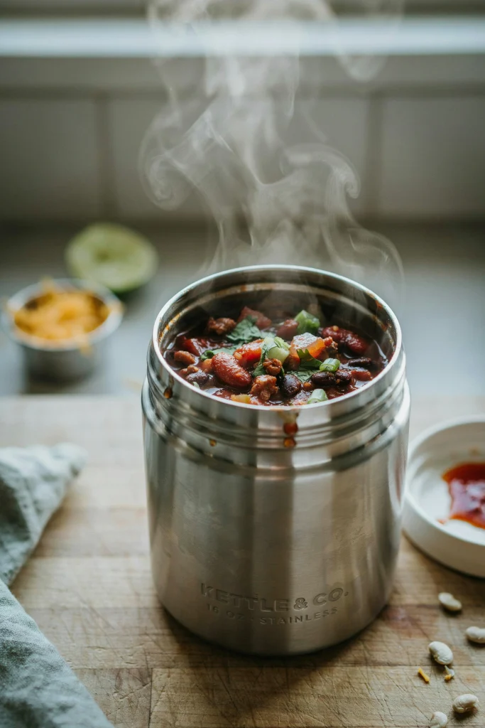 Game-day chili in a wide-mouth thermos with steam rising