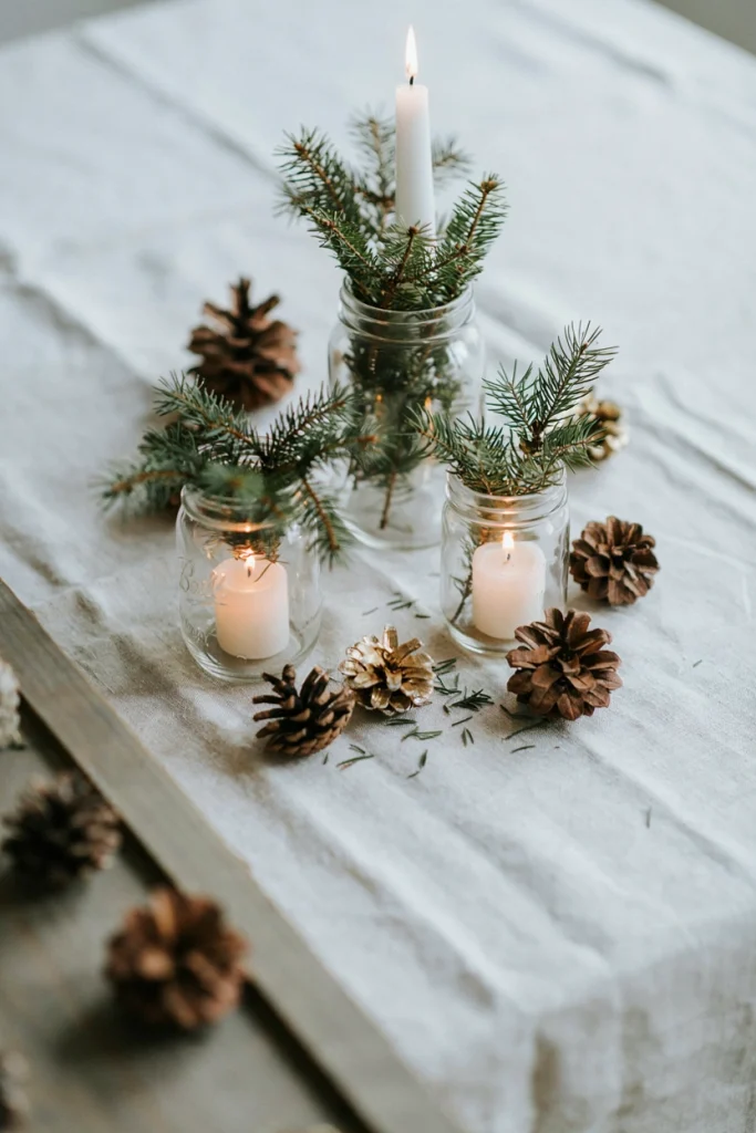 Mason jars filled with fresh evergreen sprigs and white pillar candles surrounded by scattered pinecones on a white tablecloth