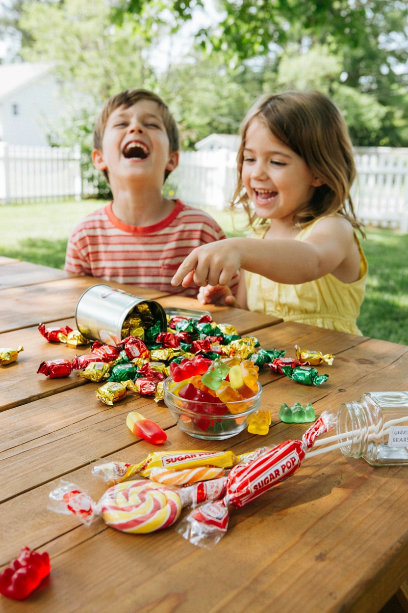 A bright, colorful image of candy (lollipops, wrapped candies, gummy bears) with two kids laughing in the background. Warm, playful mood.
