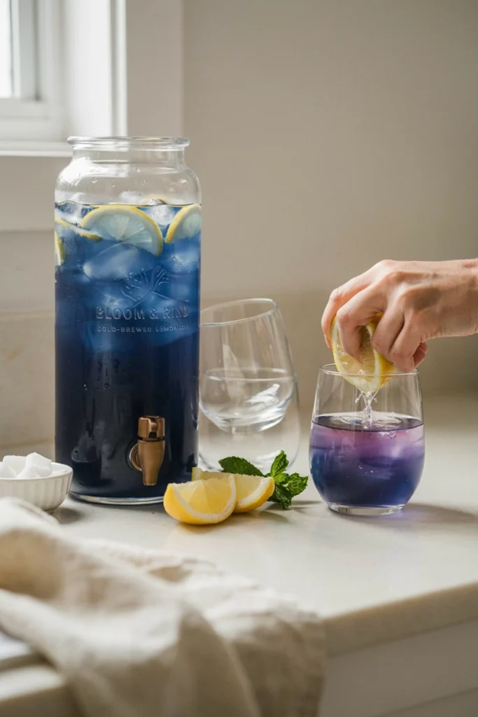 Glass beverage dispenser of deep indigo lemonade shifting to lavender-pink as lemon is added
