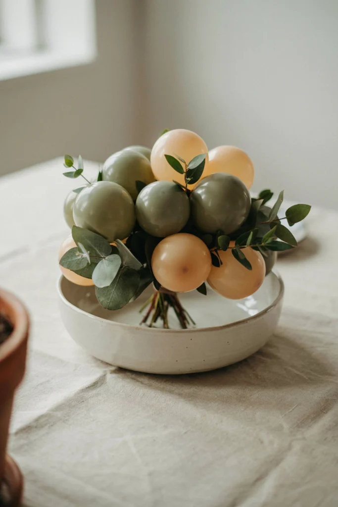 Olive green and cream balloon cluster centerpiece mixed with eucalyptus greenery in a ceramic bowl
