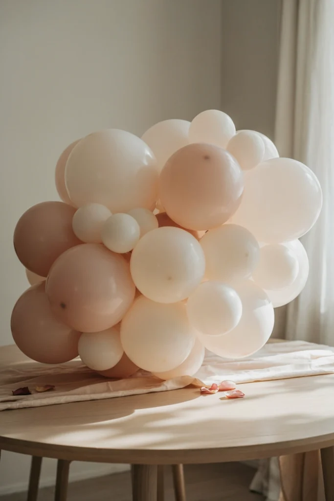 Oversized white and blush balloon cloud centerpiece on a round baby shower table