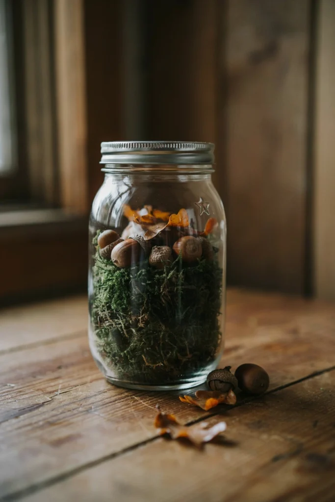 Mason jar with a base layer of moss topped with scattered acorns and small oak leaves on a rough-hewn wooden table