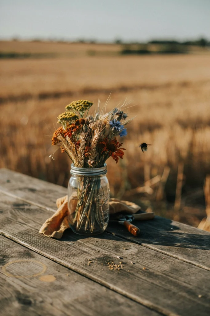 Mason jar filled with golden dried wheat stalks and rust-colored wildflowers on a weathered wood picnic table