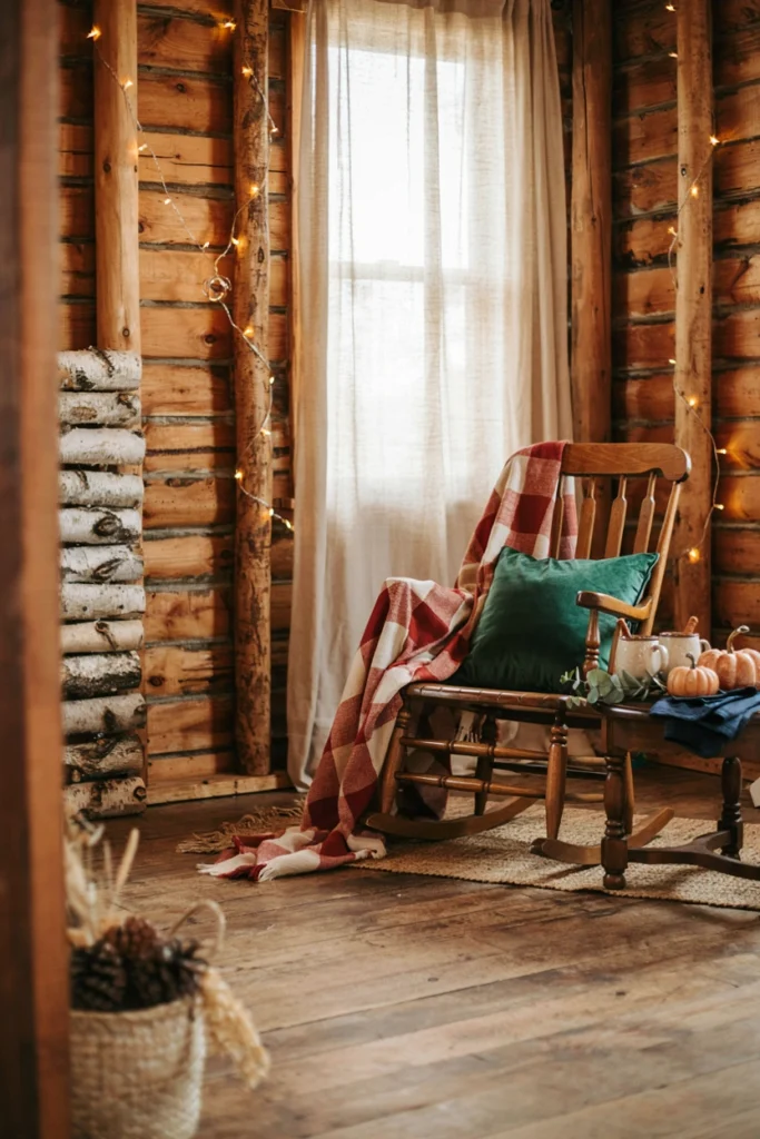 Cozy cabin themed fall baby shower with plaid throw blanket and string lights
