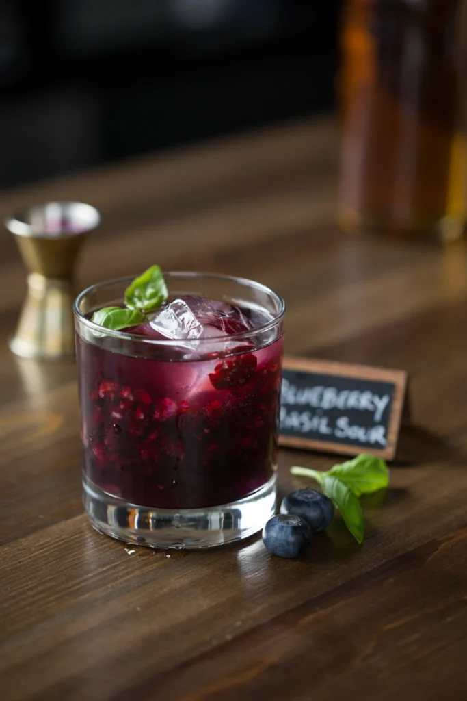 Muddled blueberry basil cocktail in a rocks glass with fresh basil leaves and whole blueberries