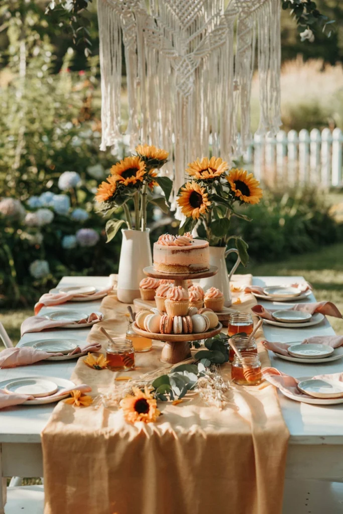 Golden hour sunflower fall baby shower table with honey-gold linens