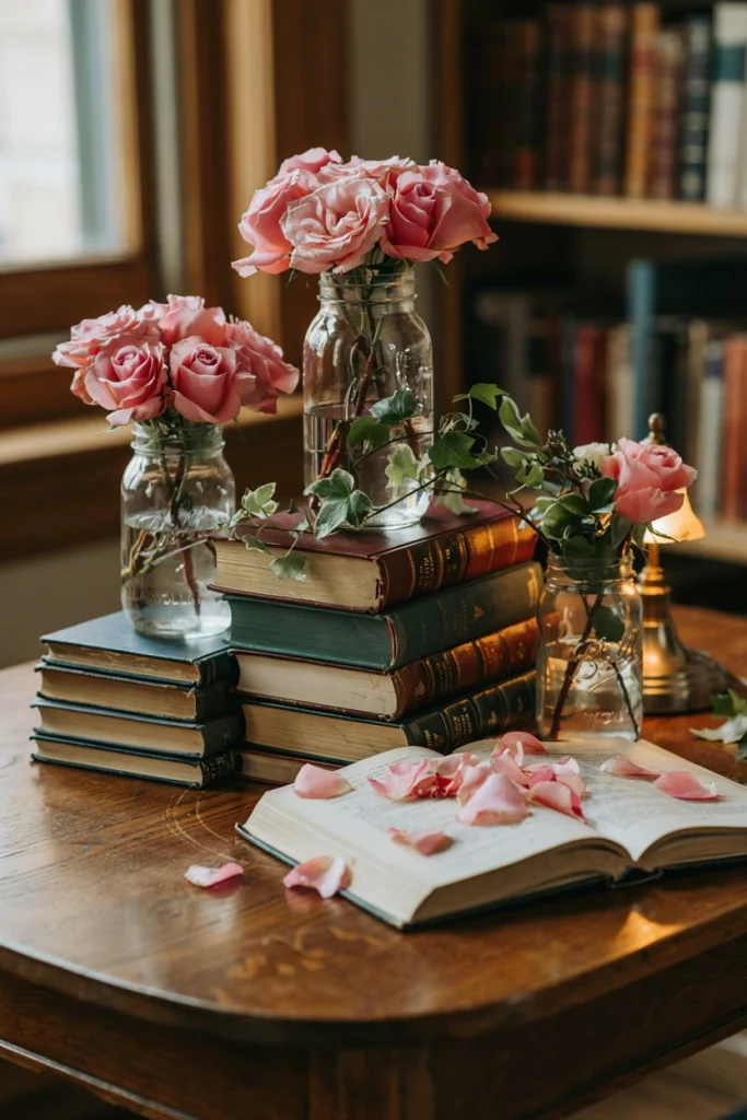 Mason jars nestled among stacks of vintage hardcover books with soft pink garden roses and trailing greenery