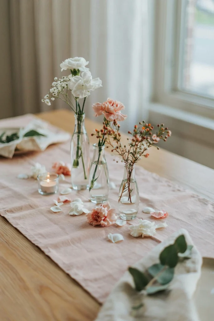 Trio of bud vase centerpieces with carnations and baby's breath