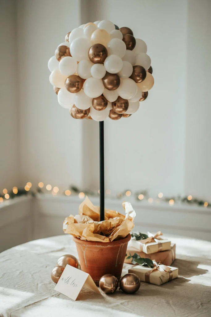 Ivory and gold balloon topiary tree centerpiece in a terra cotta pot for a baby shower gift table