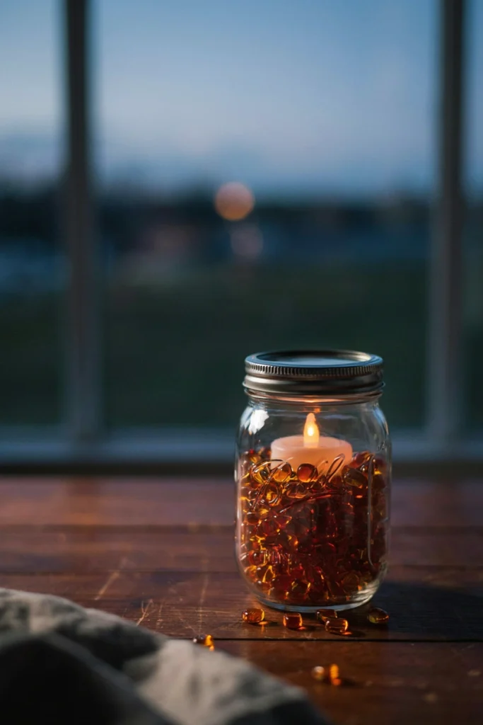 Mason jar filled with amber-toned glass beads and a flickering LED candle glowing on a dark wood table at dusk