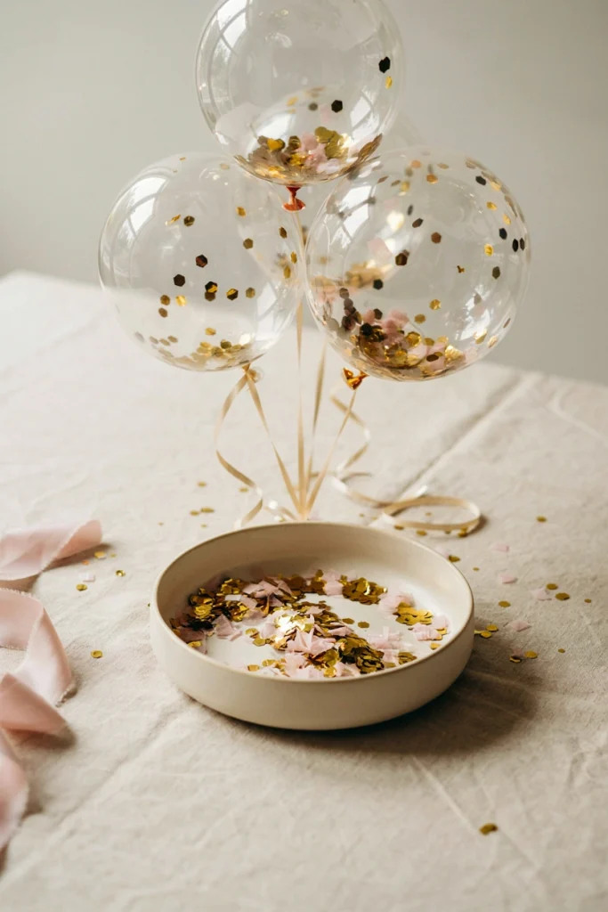 Clear confetti-filled balloon cluster centerpiece with gold and blush confetti for a baby shower