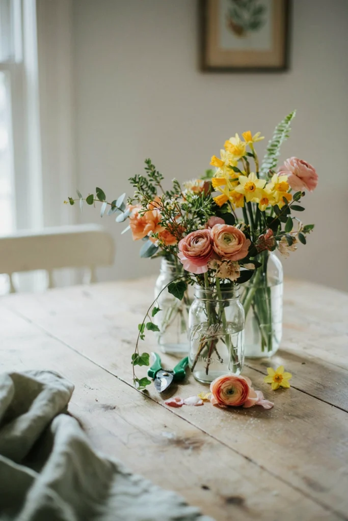 Mason jars overflowing with daffodils, ranunculus, and fresh greenery in a loose, just-picked arrangement style