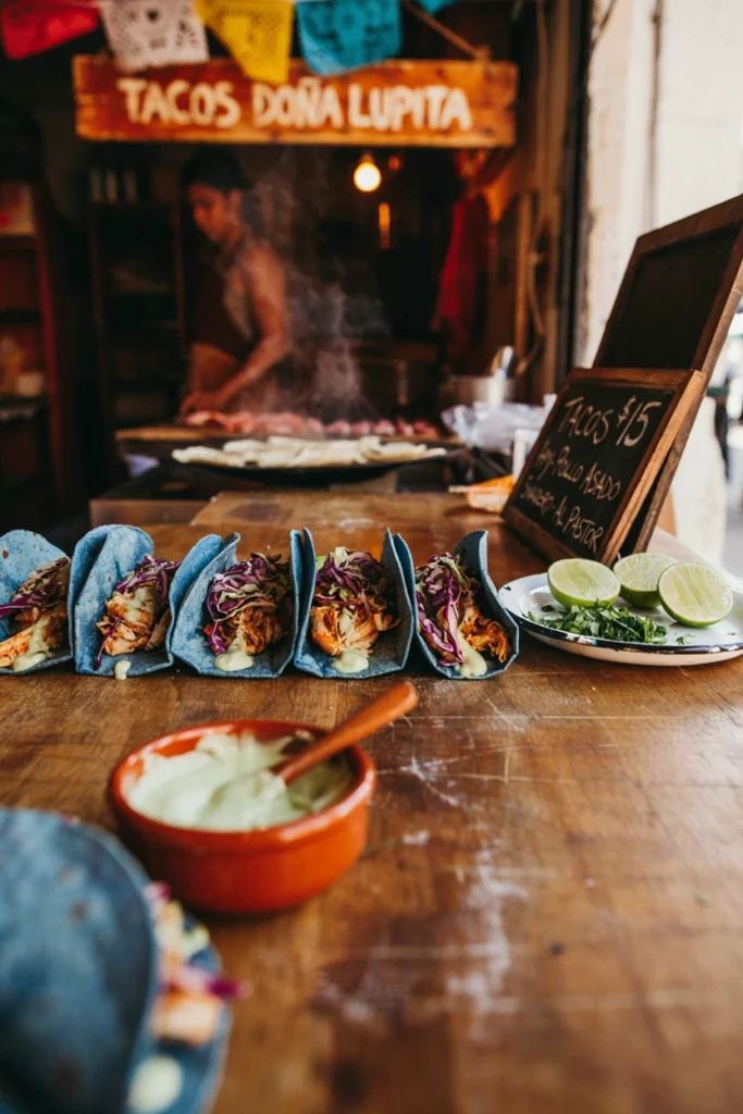 Mini blue corn tortillas filled with shredded chicken, cabbage slaw, and lime crema on a taco stand