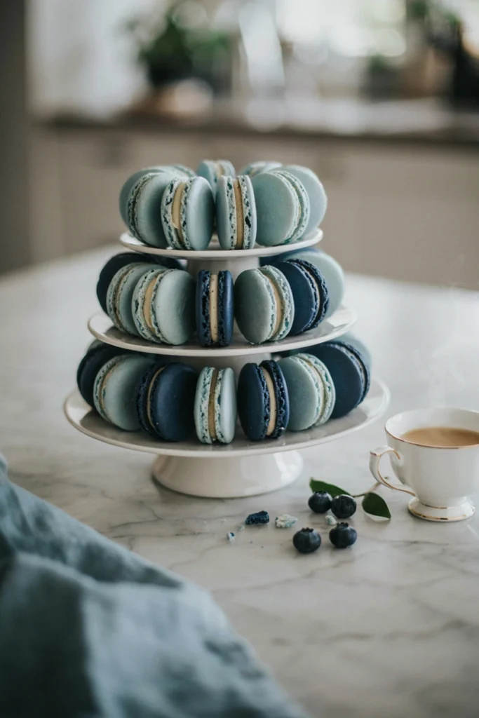 Tower of pale blue and navy macarons filled with white chocolate ganache on a tiered stand