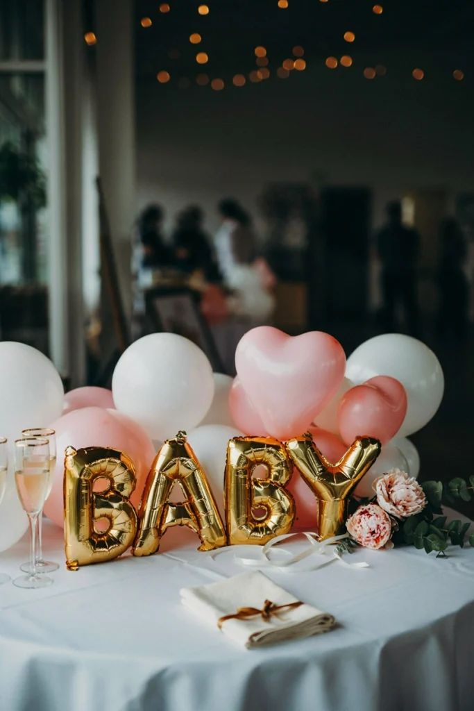 Gold mylar BABY letter balloons propped against a white and blush balloon cluster centerpiece