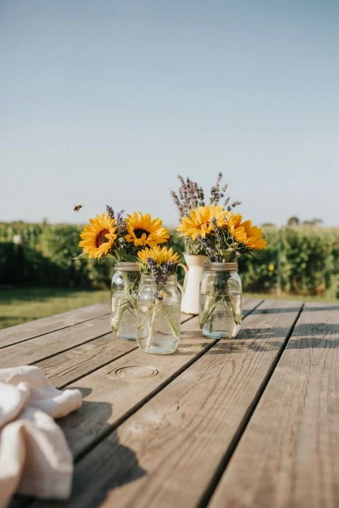 Mason jars filled with bright sunflowers and a few sprigs of lavender on an outdoor picnic table in bright daylight
