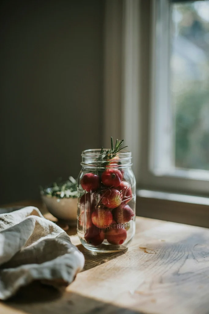Mason jar filled with small red apples and fresh rosemary sprigs sitting on a kitchen table near a window