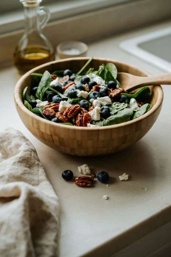 Wooden salad bowl with baby spinach, blueberries, feta cheese, and candied pecans