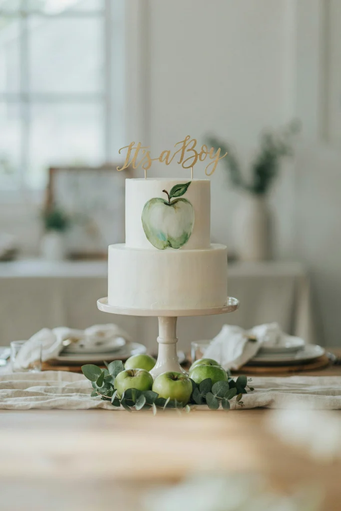 Green apple watercolor baby shower cake