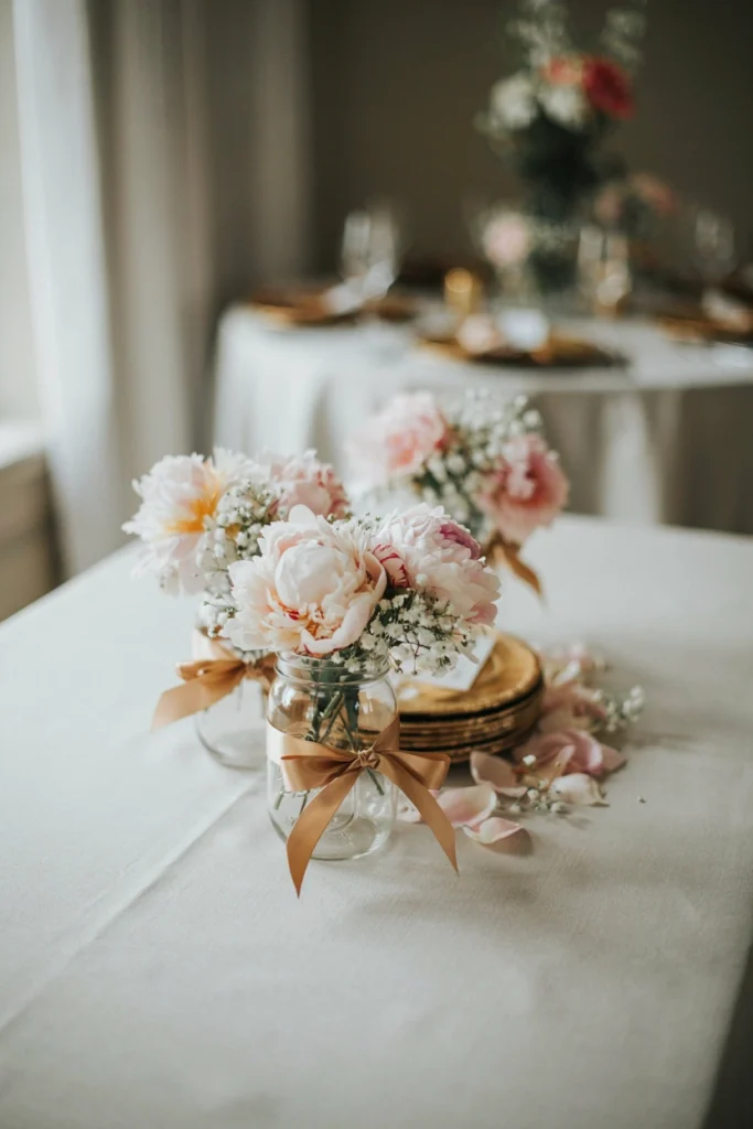 Small mason jars wrapped in gold ribbon and filled with blush peonies and baby's breath on a table with gold charger plates