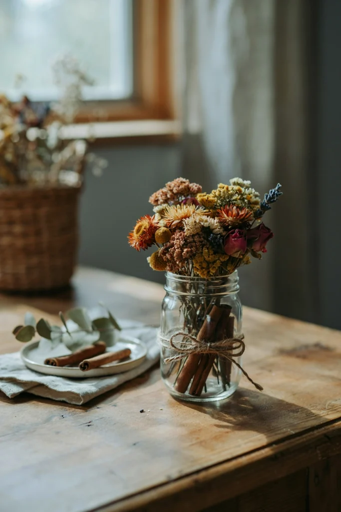 Mason jar wrapped in a bundle of cinnamon sticks tied with twine, filled with warm-toned dried flowers