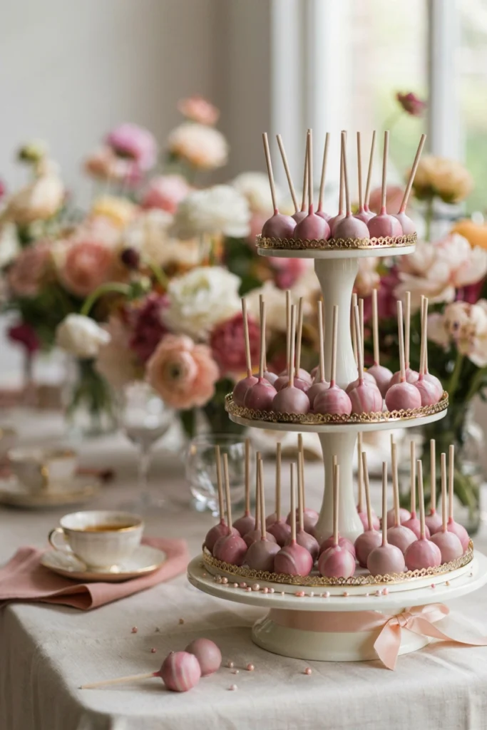 Pink and white swirl cake pop tower on a sugar plum baby shower dessert table