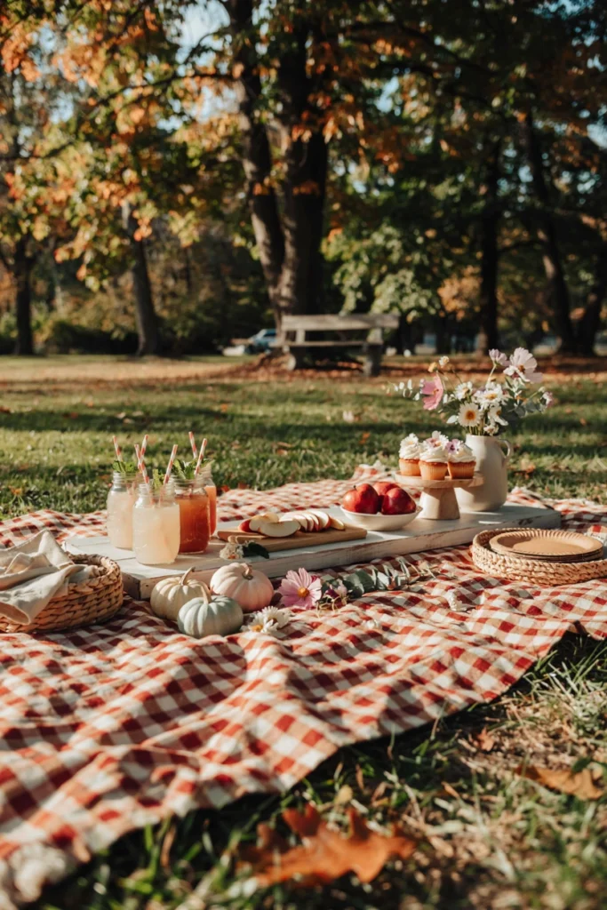 Farmhouse picnic fall baby shower with red and white gingham blanket and mason jars