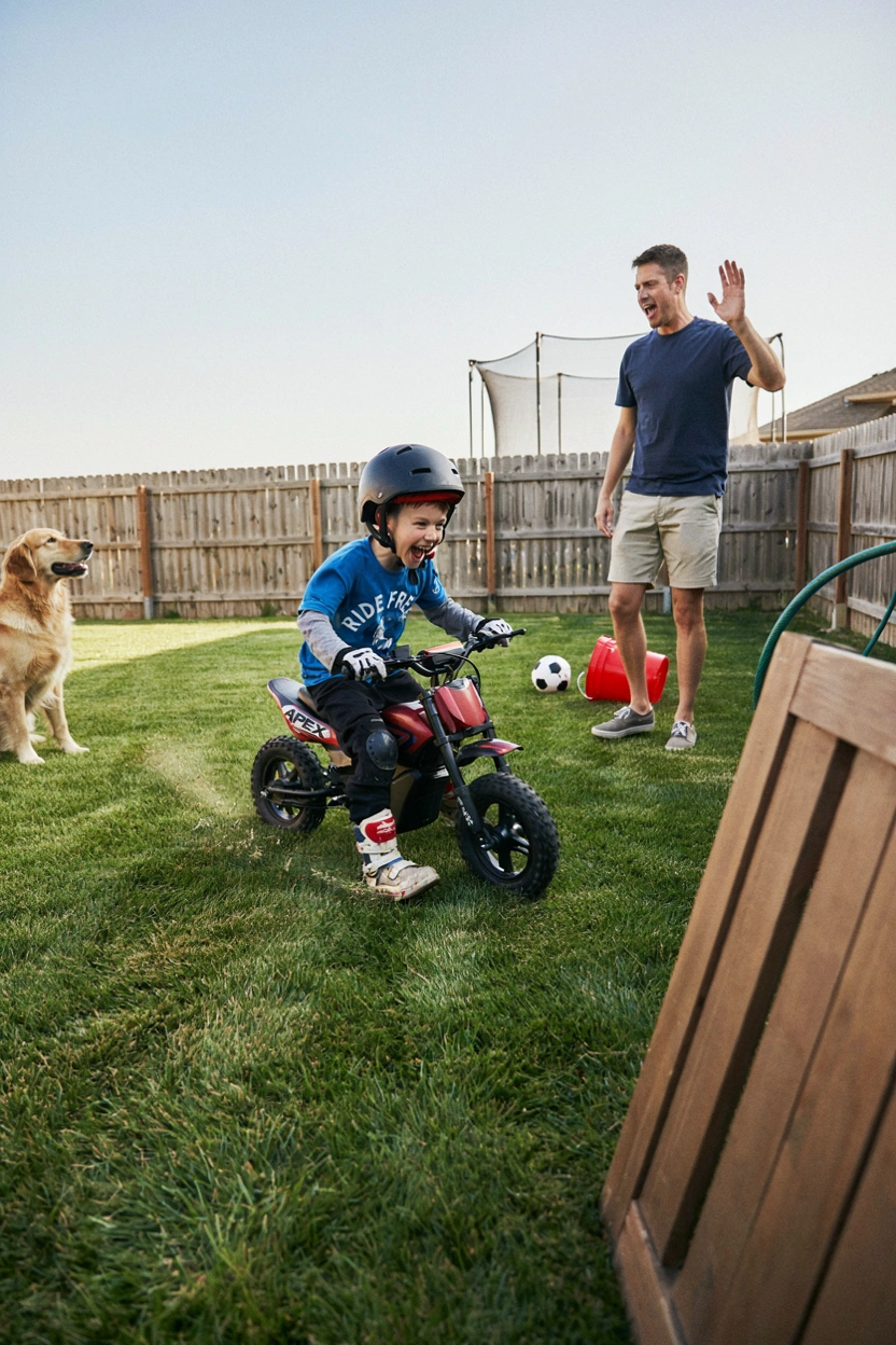 An 8-year-old riding a small electric dirt bike across a grassy backyard, mid-laugh, helmet on, parent visible in the background — bright, candid, action shot.