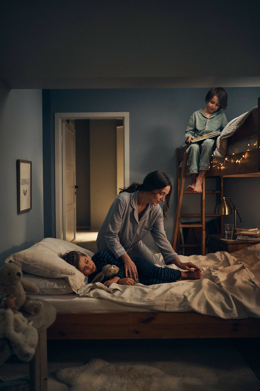 A calm mom with two kids at bedtime, transitioning smoothly into bed without negotiation. Warm, peaceful lighting