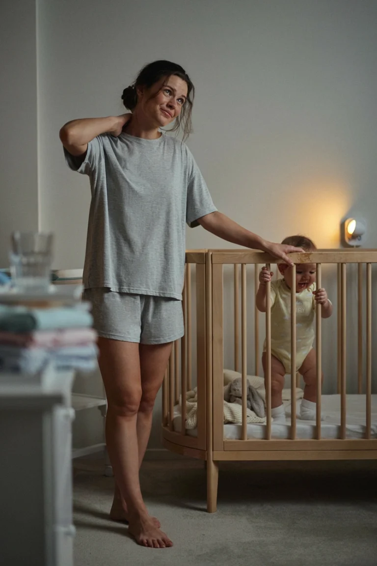 A tired mom looking at her baby gnawing on the crib rail, mixed expression of concern and eye-roll. Warm, relatable lighting.
