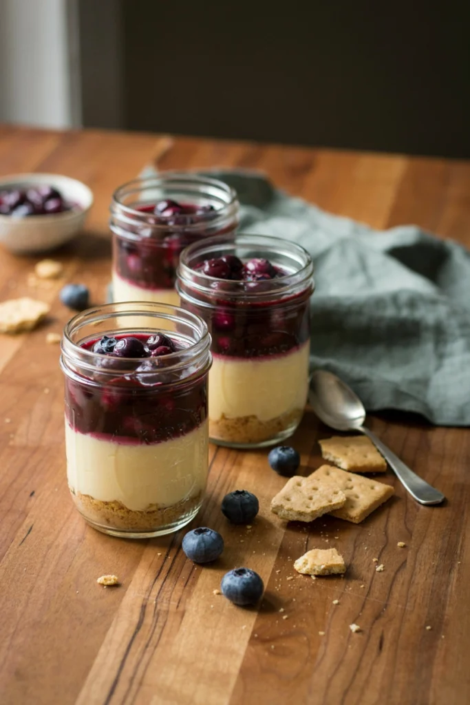 Mason jars layered with graham cracker crumbs, cheesecake filling, and blueberry compote