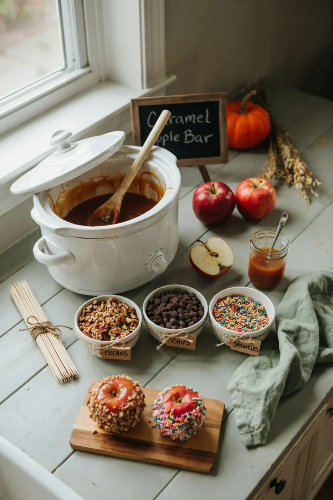 DIY caramel apple dipping bar for a baby shower