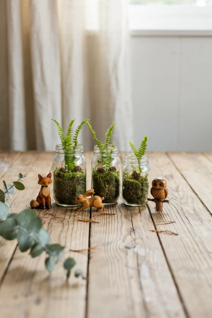 Mason jars filled with ferns, moss, and small pinecones beside tiny wooden animal figurines on a rustic wood table