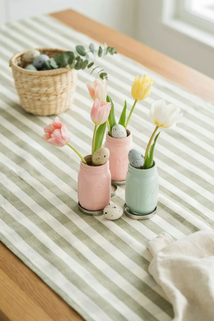 Mason jars painted soft pastel pink and mint filled with tulips and decorated with small speckled eggs on a spring tablecloth