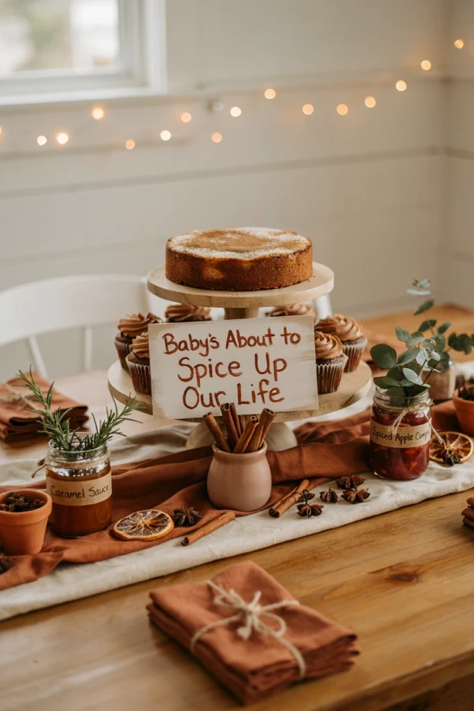 Fall baby shower dessert table with cinnamon stick bundles and cinnamon-camel linens