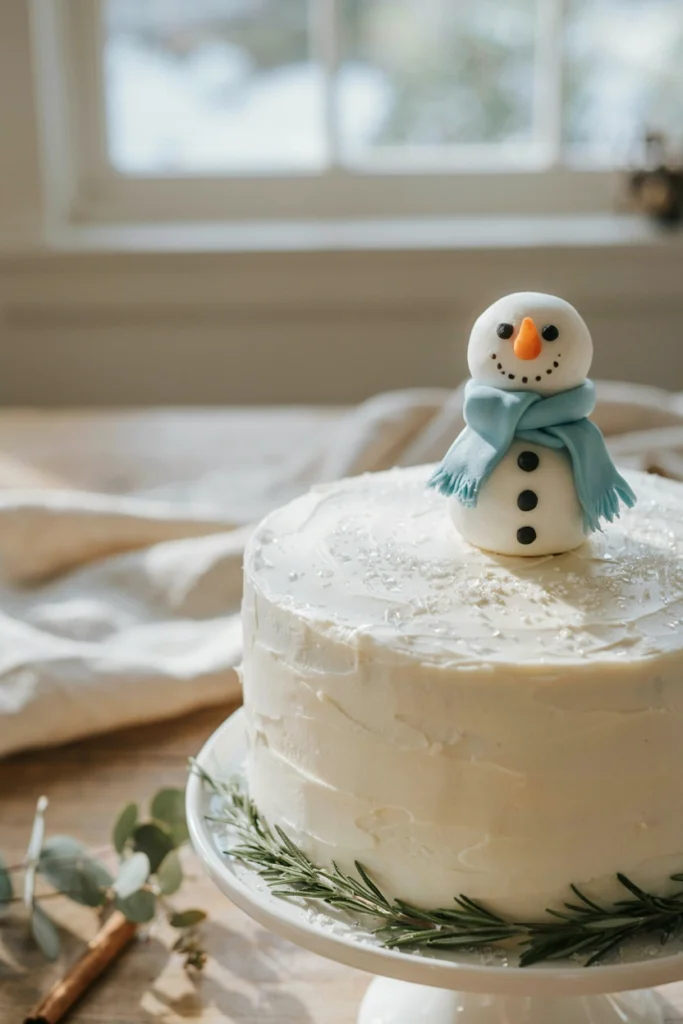 Round white cake with a hand-sculpted fondant snowman wearing a knit scarf, surrounded by piped snowdrifts