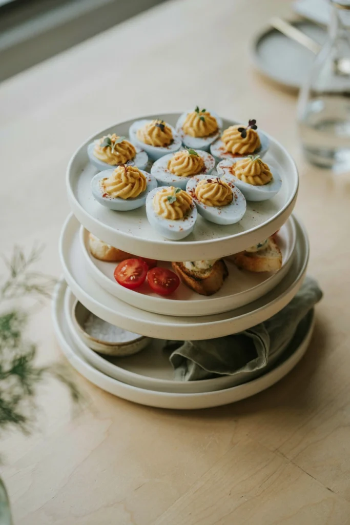 Deviled eggs with pale periwinkle-blue whites and golden yolk filling on a tiered tray