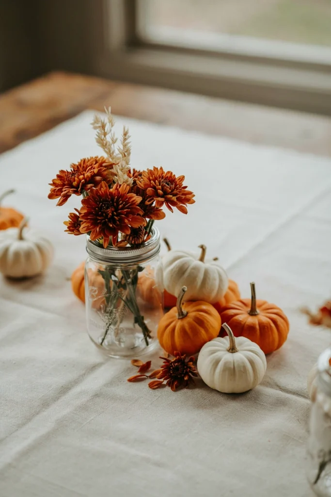 Mason jar surrounded by mini orange and white pumpkins with burnt-orange chrysanthemums on a cream tablecloth