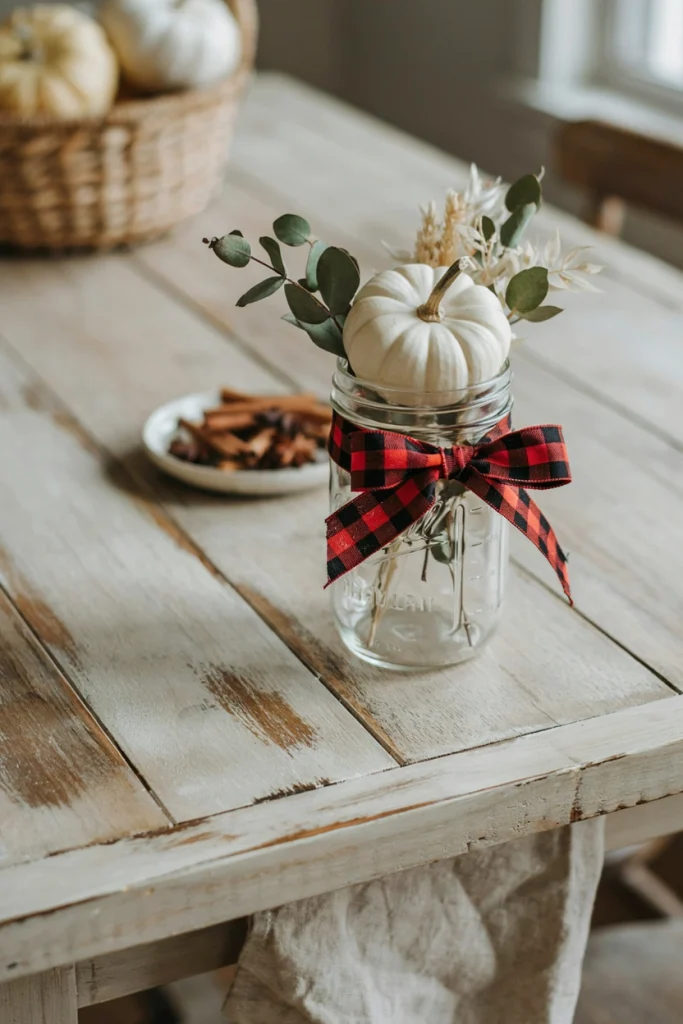 Mason jar wrapped in red and black buffalo plaid ribbon, filled with white pumpkins and greenery on a farmhouse-style table