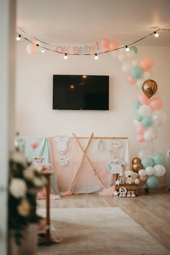 Mini shoot-the-puck game station set up for a hockey baby shower