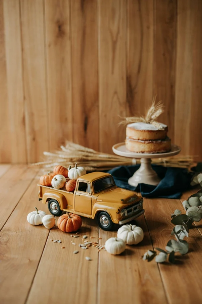Vintage toy truck filled with mini pumpkins fall baby shower centerpiece