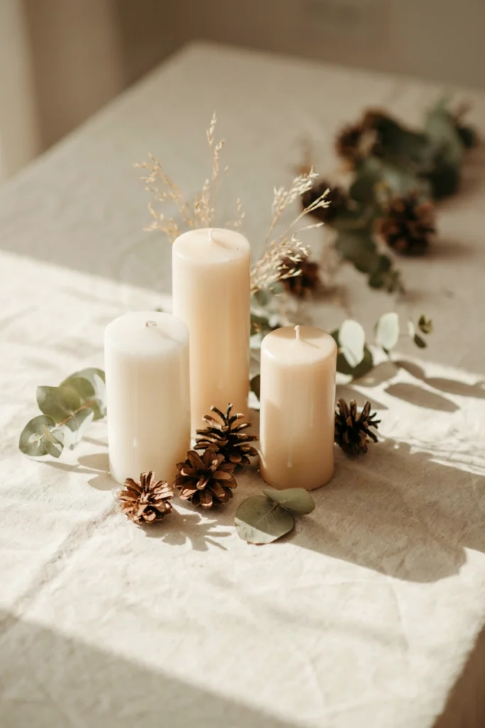 Ivory candles and pinecones centerpiece for a cozy fall baby shower