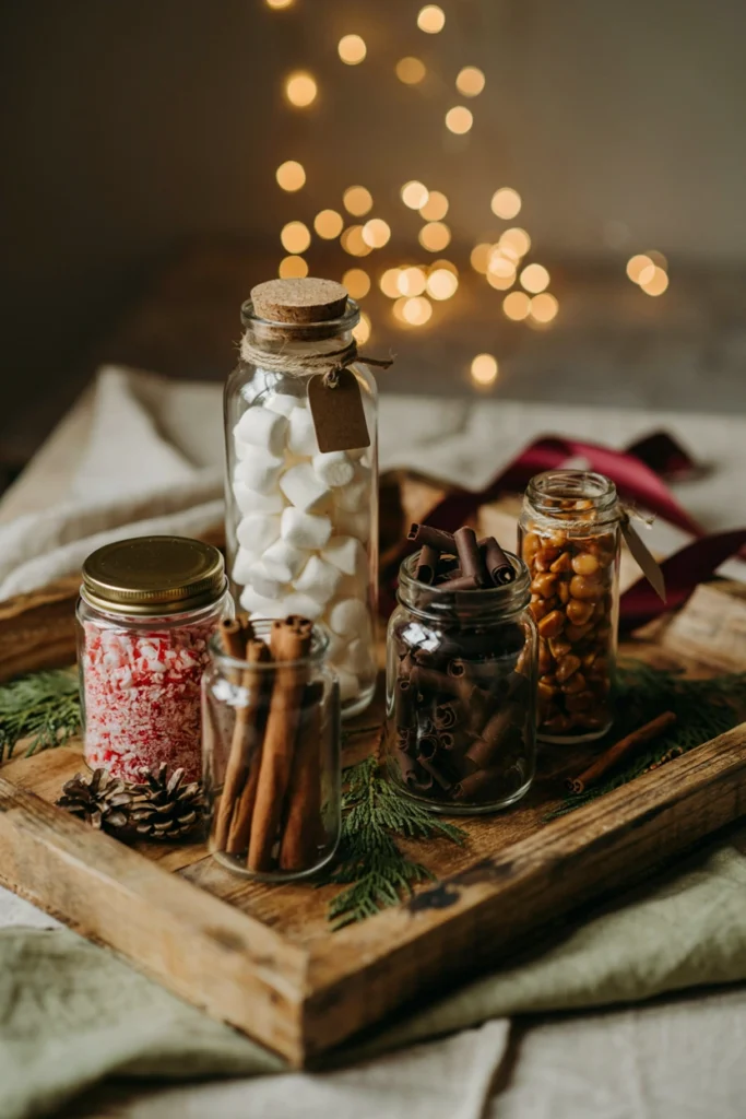 Marshmallow and topping jars in apothecary glass for a hot cocoa bar