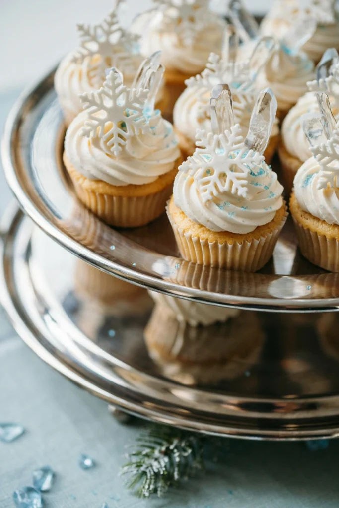 Ice cube and snowflake topped cupcakes for a winter baby shower