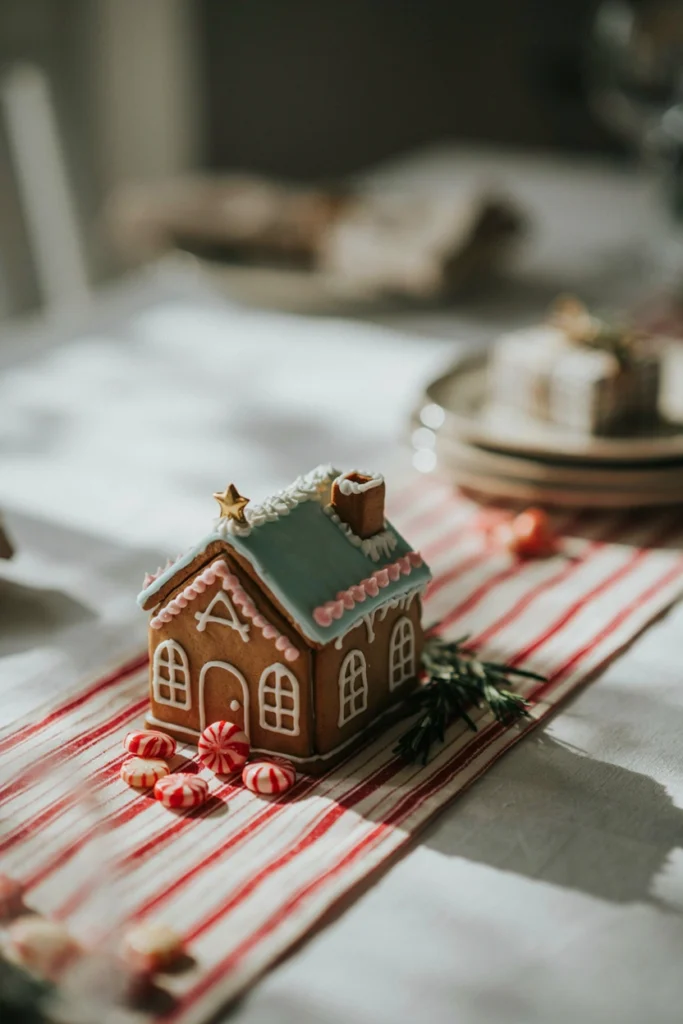 Mini gingerbread house centerpieces with mint icing roofs on a baby shower guest table